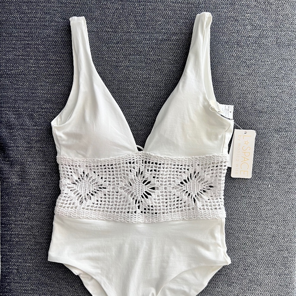 NEW WITH TAGS. Samantha Crochet Boho White One Piece Swimsuit | L*Space Swim - Picture 5 of 8